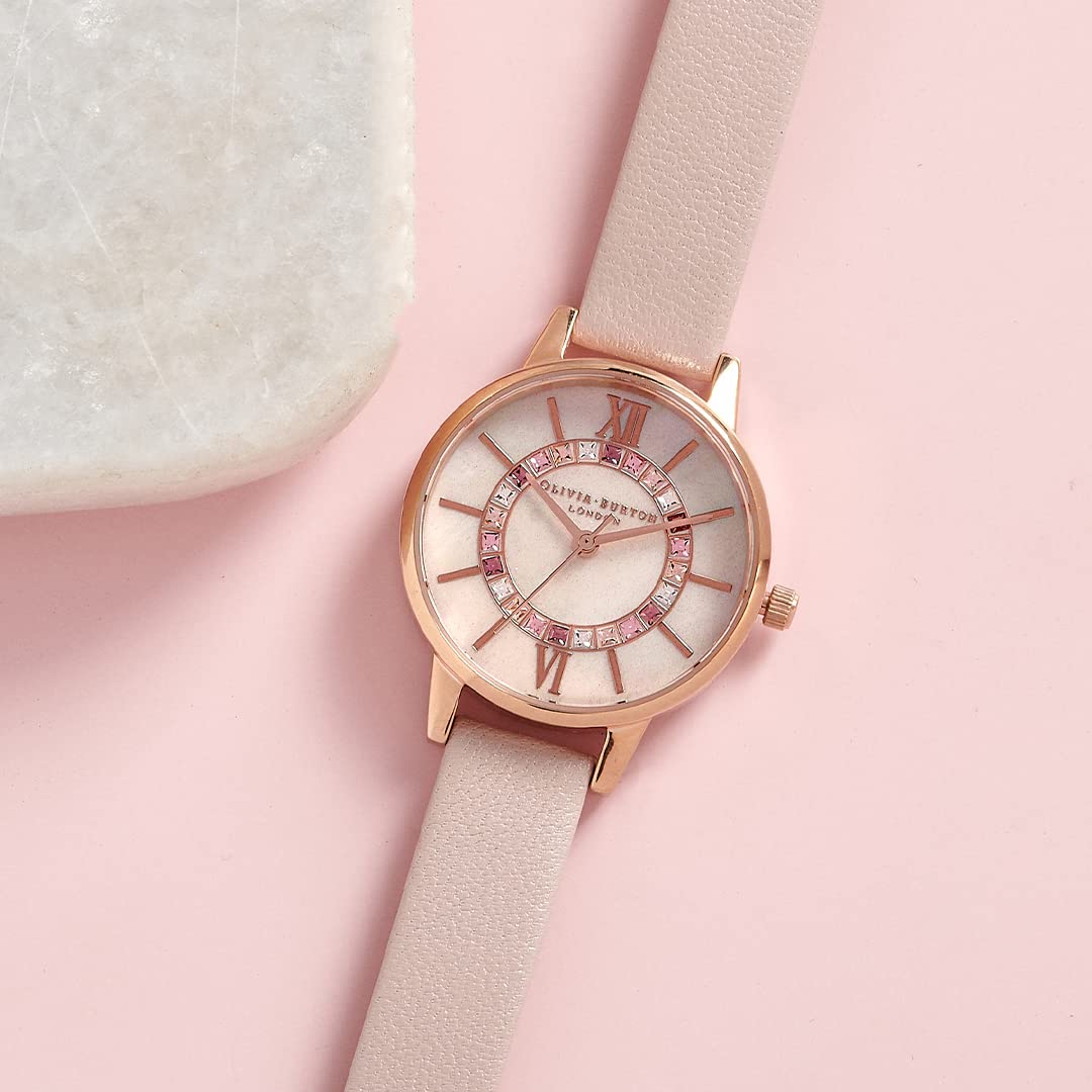 Olivia Burton Wonderland Qtz Basic Blush Mother of Pearl & Stone Round Dial Women's Analog Watch|Pearl Pink Leather Material|Pink Color Band - OB16WD93