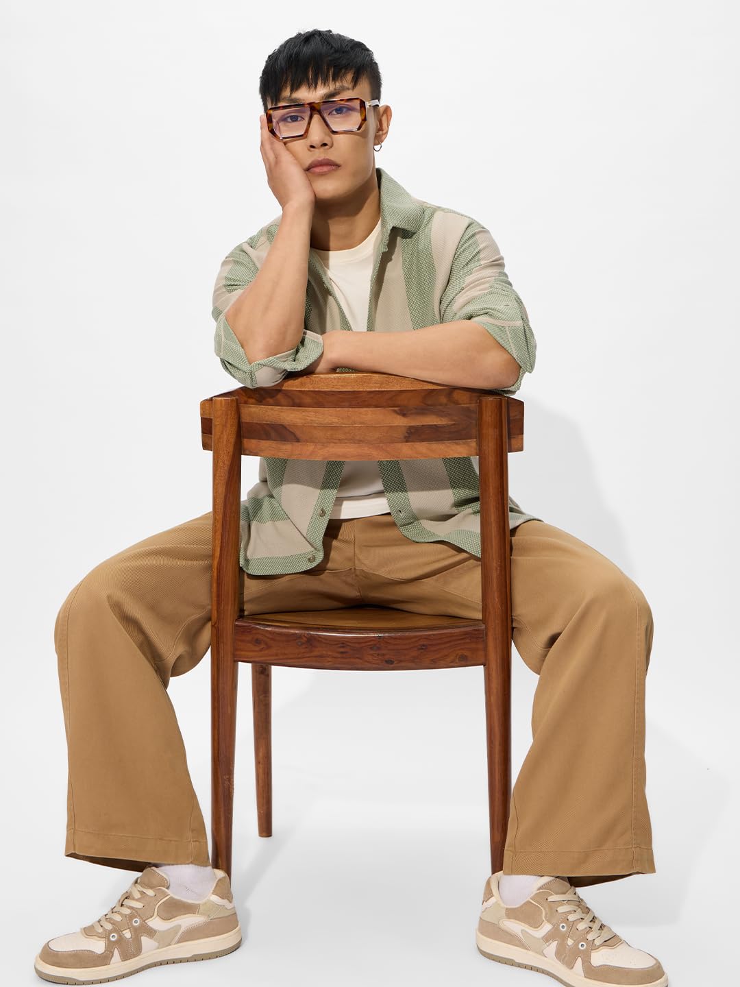 The Souled Store Stripes: Sage Men and Boys Short Sleeves Collared Neck Button Front Regular Fit Cotton Shirt