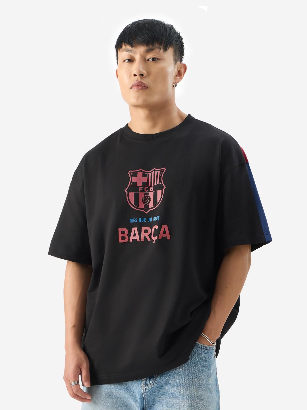 The Souled Store Official FCB: Camp NOU Black Graphic Printed Oversized Cotton T-Shirt for Men & Boys- Short Sleeve Round Neck