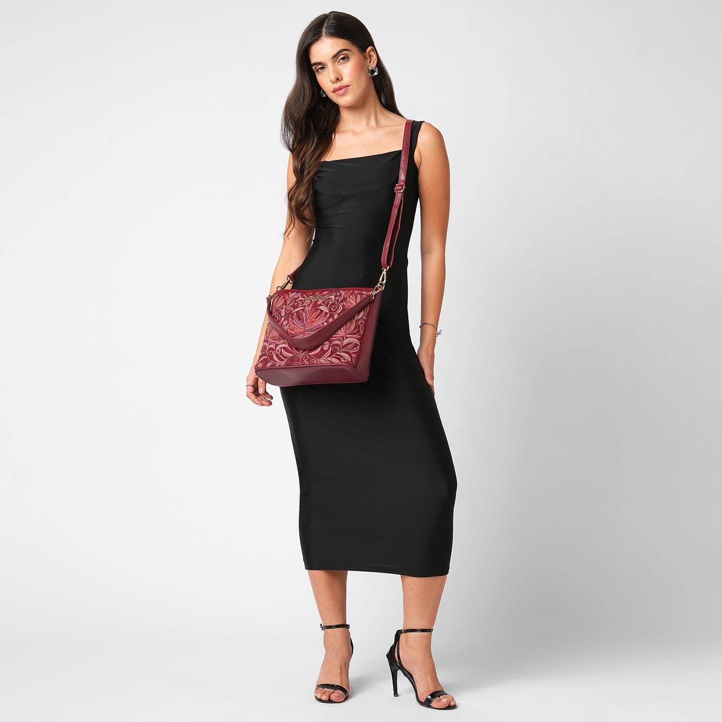 Caprese Siji Tresana Large Crossbody Bag for Women | Kashida Embroidery Sling with Adjustable & Detachable Strap, Secured Zip Closure | Stylish & Spacious Handbag for Everyday Use & Travel (Red)