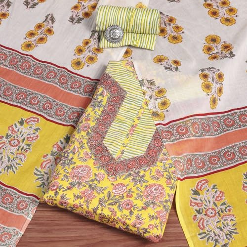BIBA Women Yellow Cotton Screen Print Unstitched Suit Set_FREE SIZE