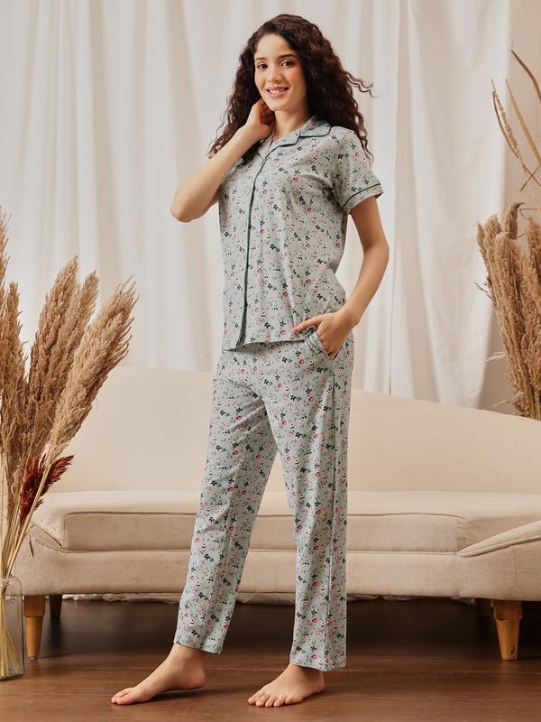 Clovia Women's Printed Button Down Shirt & Pyjama Set (LS0025B11_Green_M)