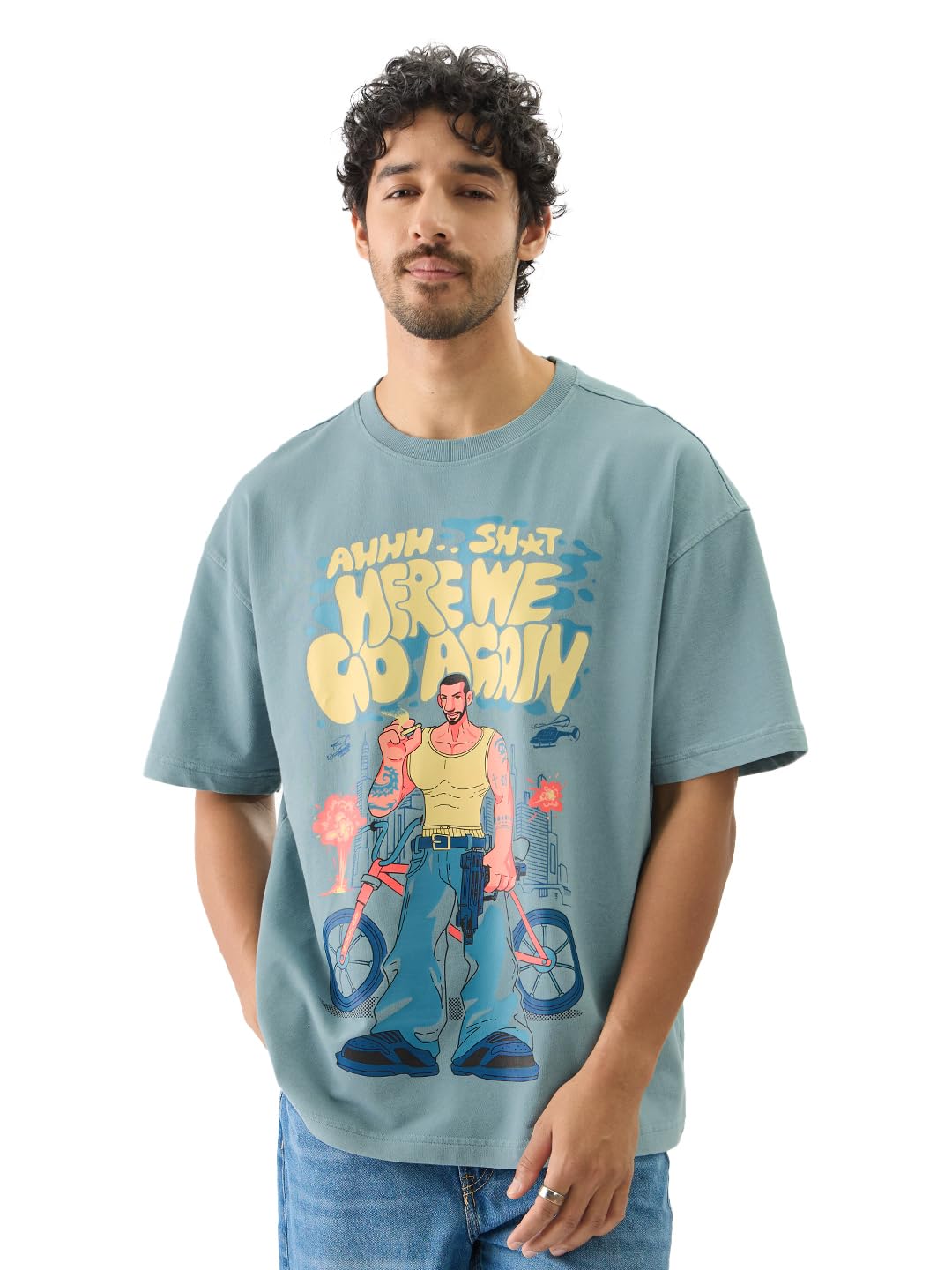 The Souled Store Here We Go Again Short Sleeve Round Neck Green Graphic Printed Cotton Oversized T-Shirts for Men and Boys- Trendy Tees for Every Day