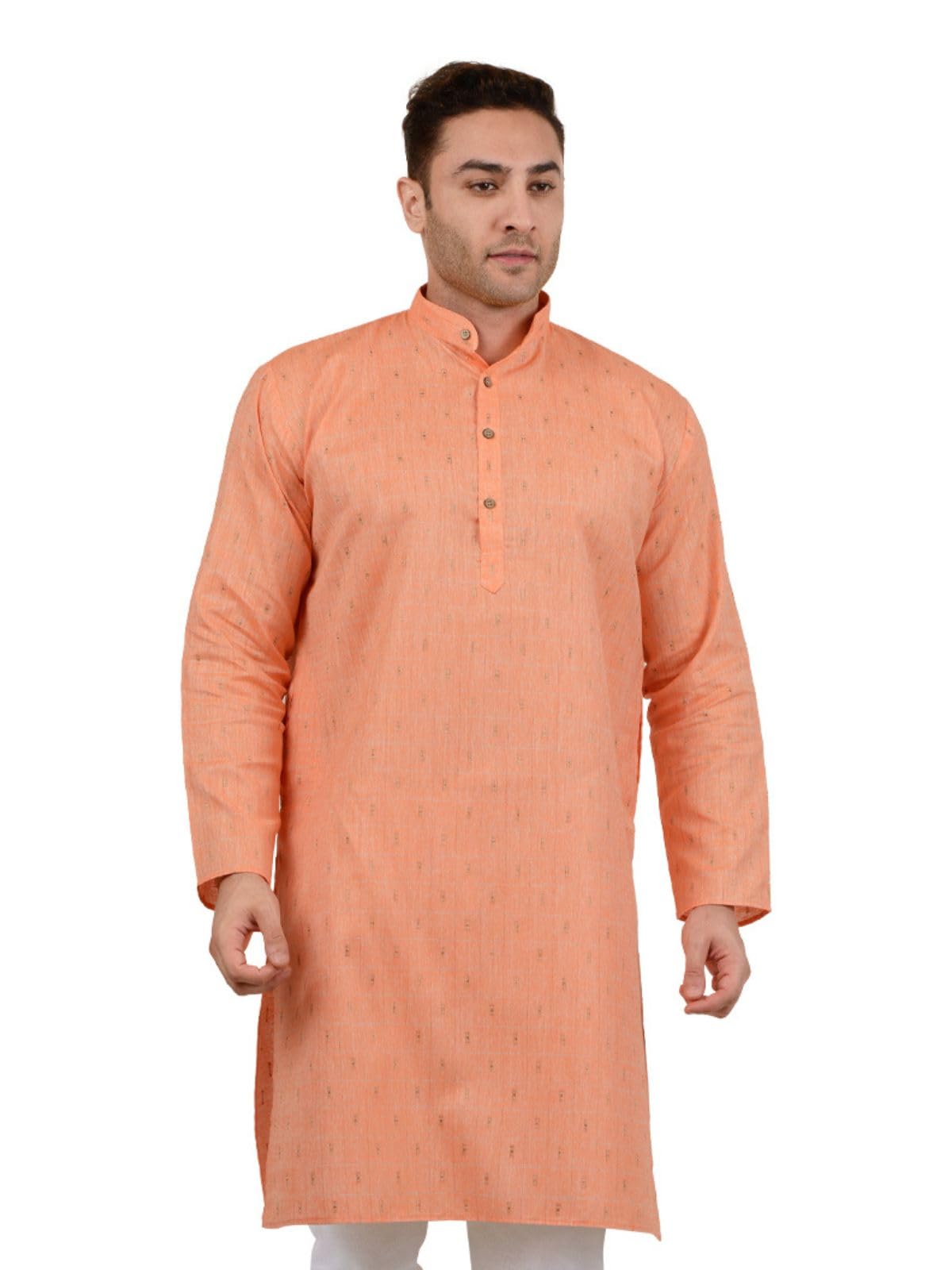 LUCKWIN Men's Cotton Linen Geometric Design Kurta in Orange [LWKurta111-42]