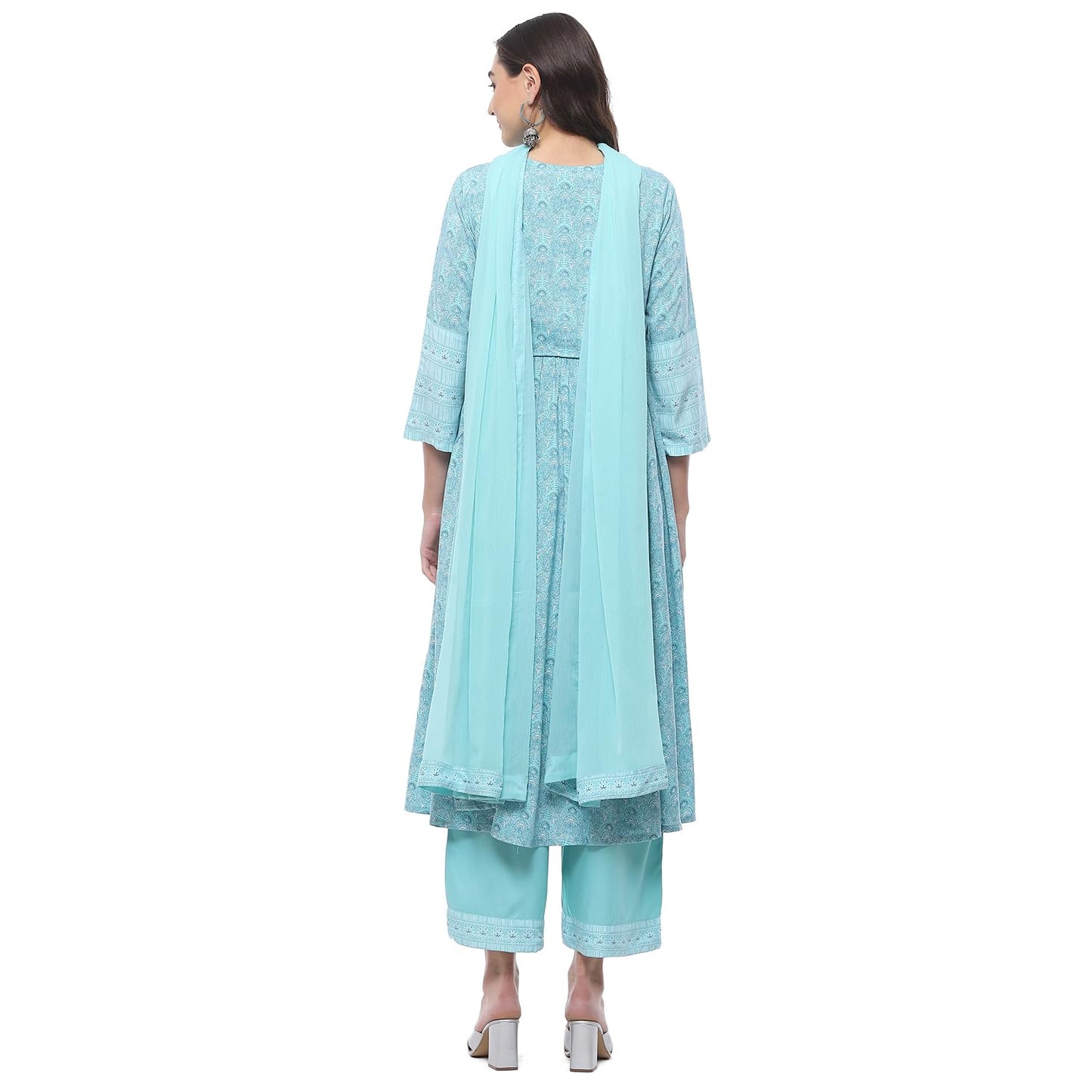 Biba WOMEN PRINTED STRAIGHT SALWAR KURTA DUPATTA(SKDASSORTED7518_TURQUOISE_38)