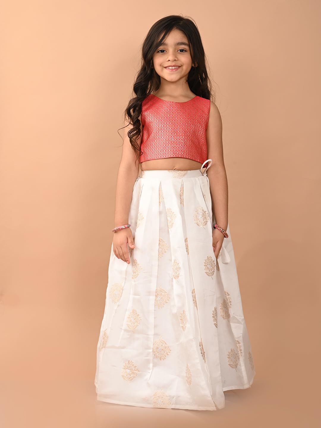 LILPICKS Embossed Sleeveless Blouse with Batik Printed Lehenga Set for Girls (Pink White) (9-10Y)