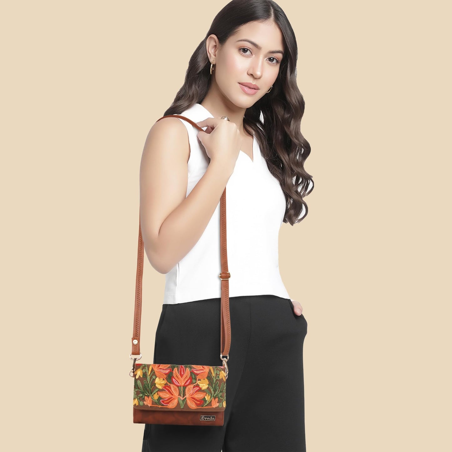 VELUCIA Womens Embroidered Floral Clutch Purse, Gold Design, Ladies Wallet (Tan)