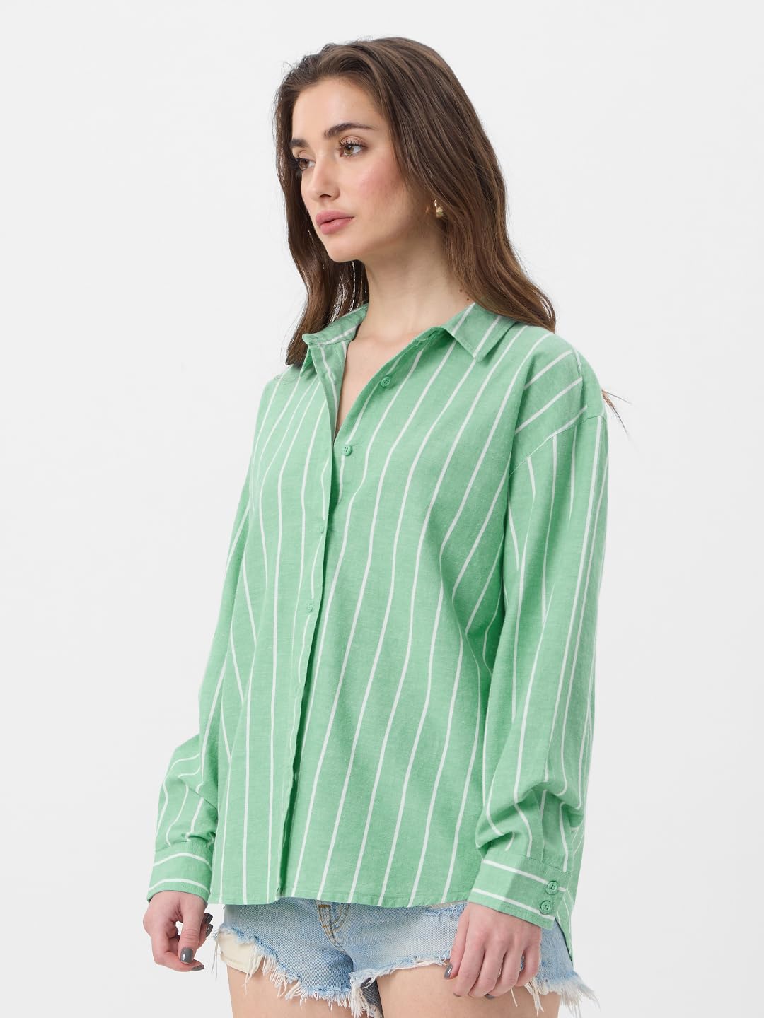 The Souled Store Cotton Linen Shirt: Foliage Women and Girls Long Sleeves Collared Neck Button Front Green Cotton Linen Boyfriend Shirts
