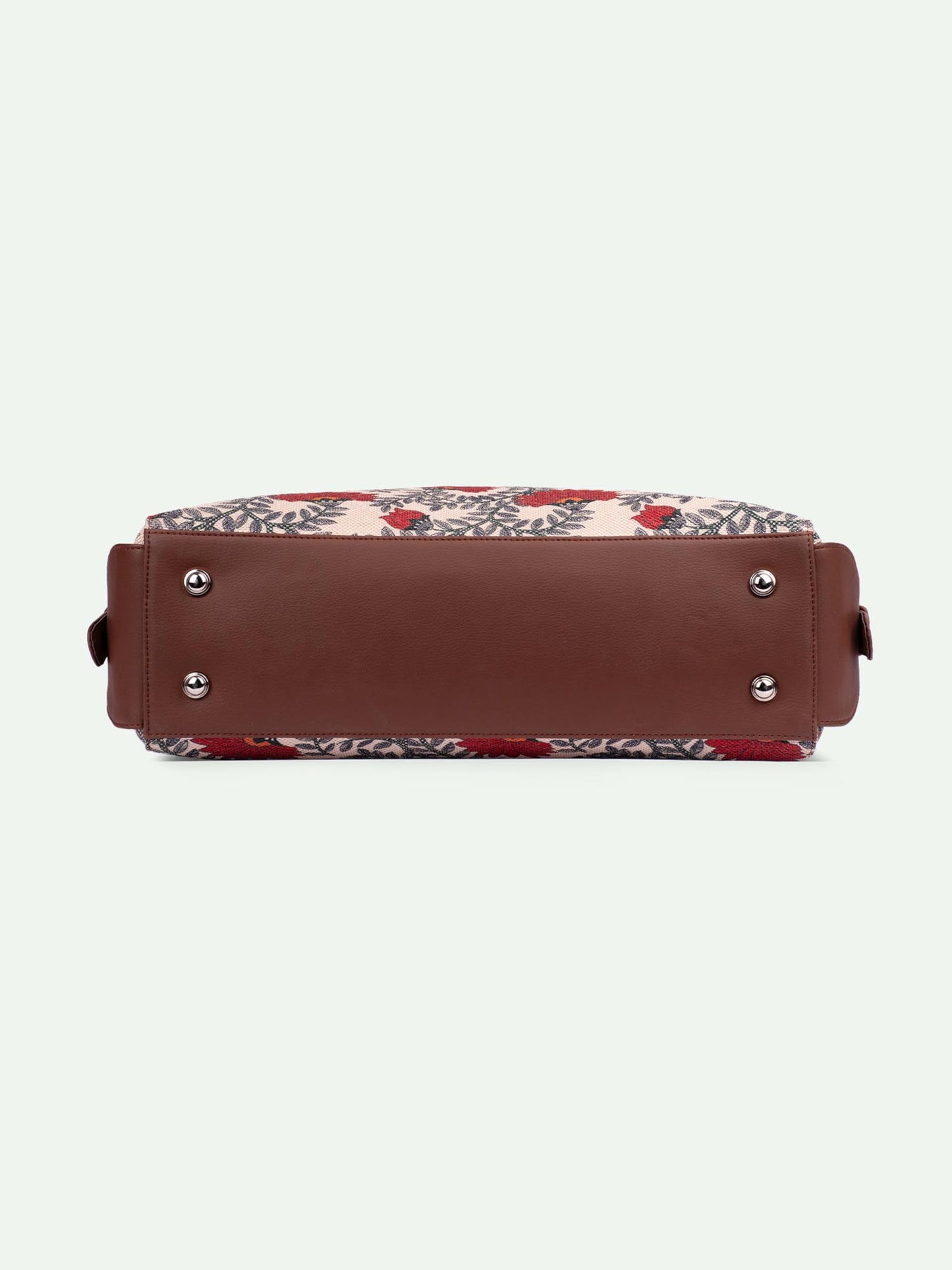 ZOUK Nawabi Couture Floral Printed Jute Vegan Leather Beige and red Women's Office Work Bag With Double Handles Strap