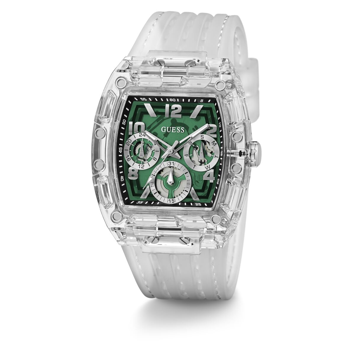 GUESS Phoenix Analog Watch Gw0499G8 Silicone Men Analog Watch, Green Dial, Silver Band