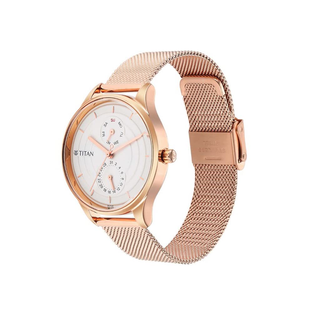Titan Workwear Neo Workdays Quartz Multifunction Silver Dial Rose Gold Stainless Steel Strap Watch for Women - NT2670WM07