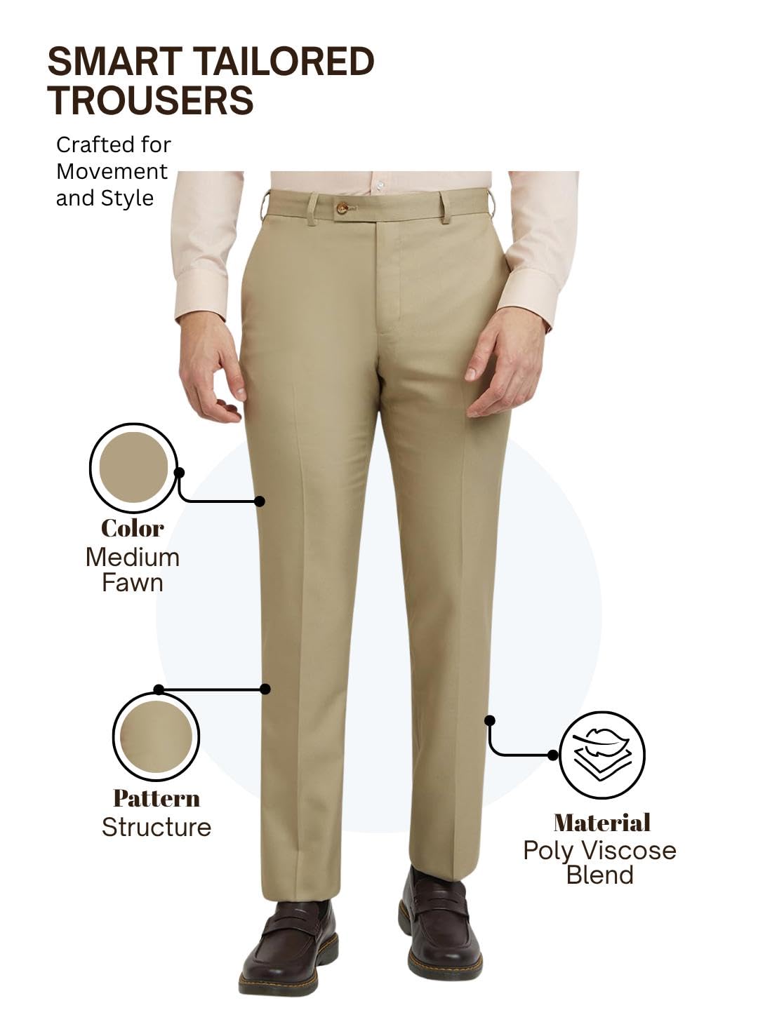 Park Avenue Men's Smart Fit Casual Trousers, Poly-Viscose Blend Structure Pattern, Flat Front, Modern City Casuals | Medium Fawn