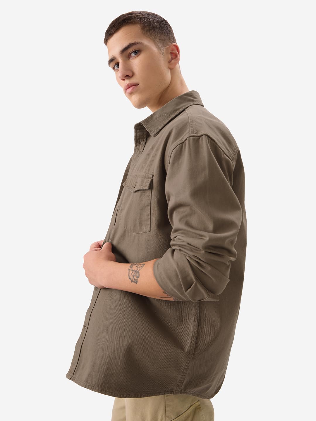 The Souled Store Solids: Brown Men and Boys Long Sleeve Collared Neck Button Front Regular Fit Utility Shirts