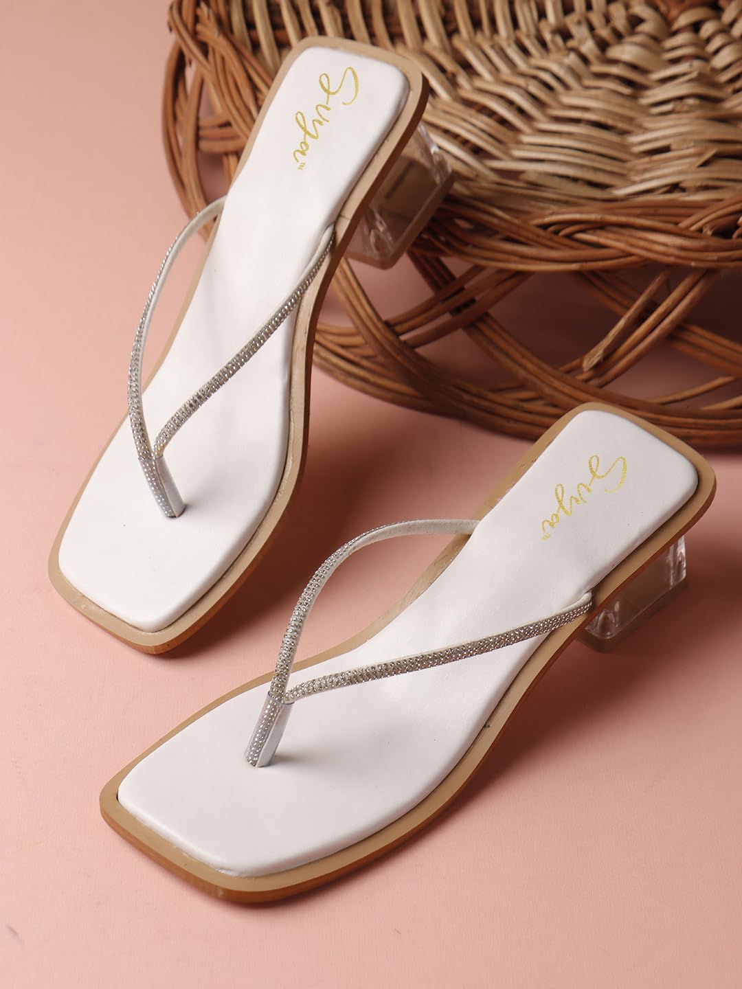 SVYA Women Block Heel Sandal (White, UK Footwear Size System, Adult, Women, Numeric, Medium, 9)