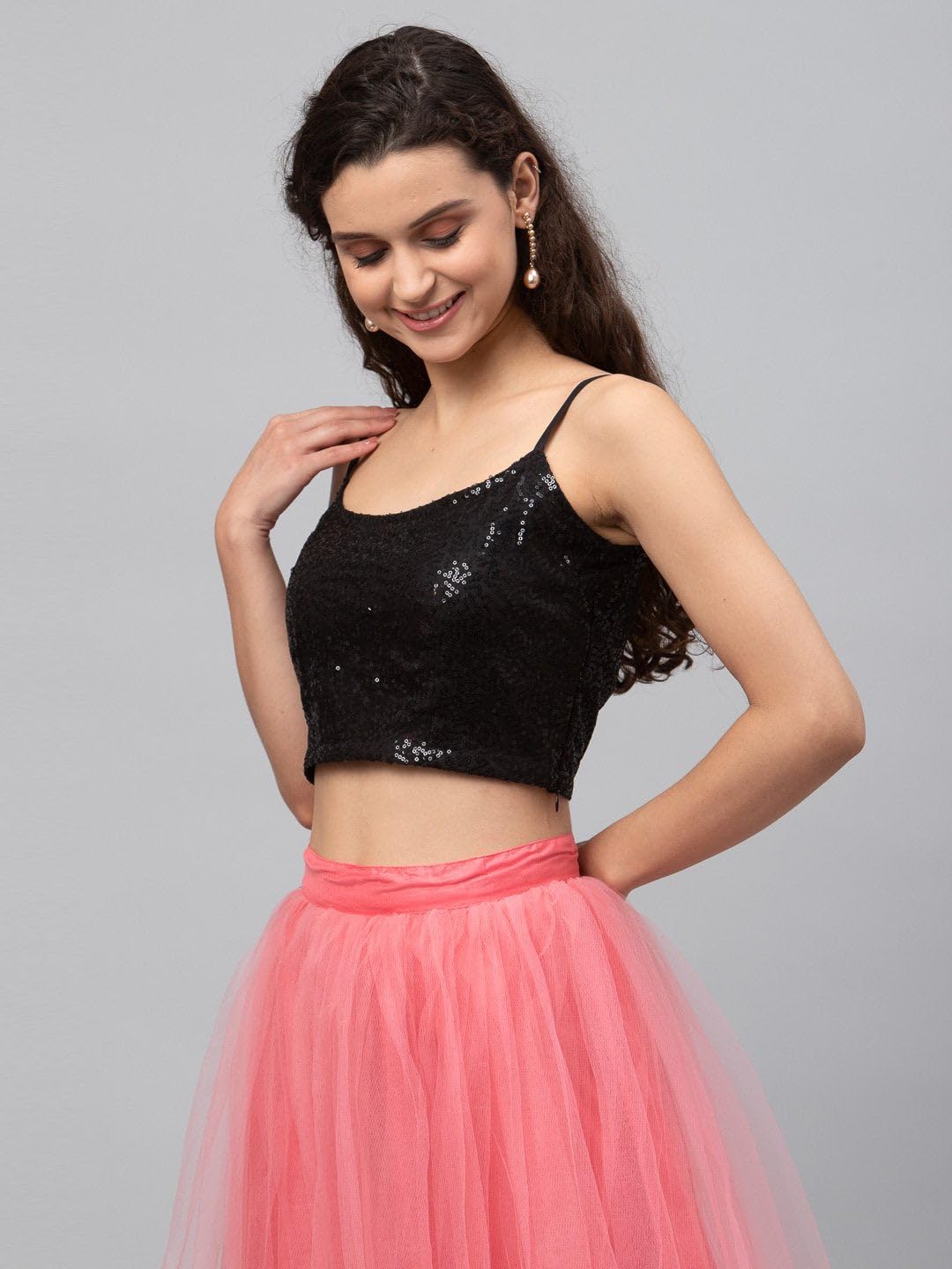 studio rasa Women's Plus Size Net Sequins Embroidered Spaghetti Blouse for Wedding Party Festive (TPWC22121-3XL_BLA_Black_3X-Large)