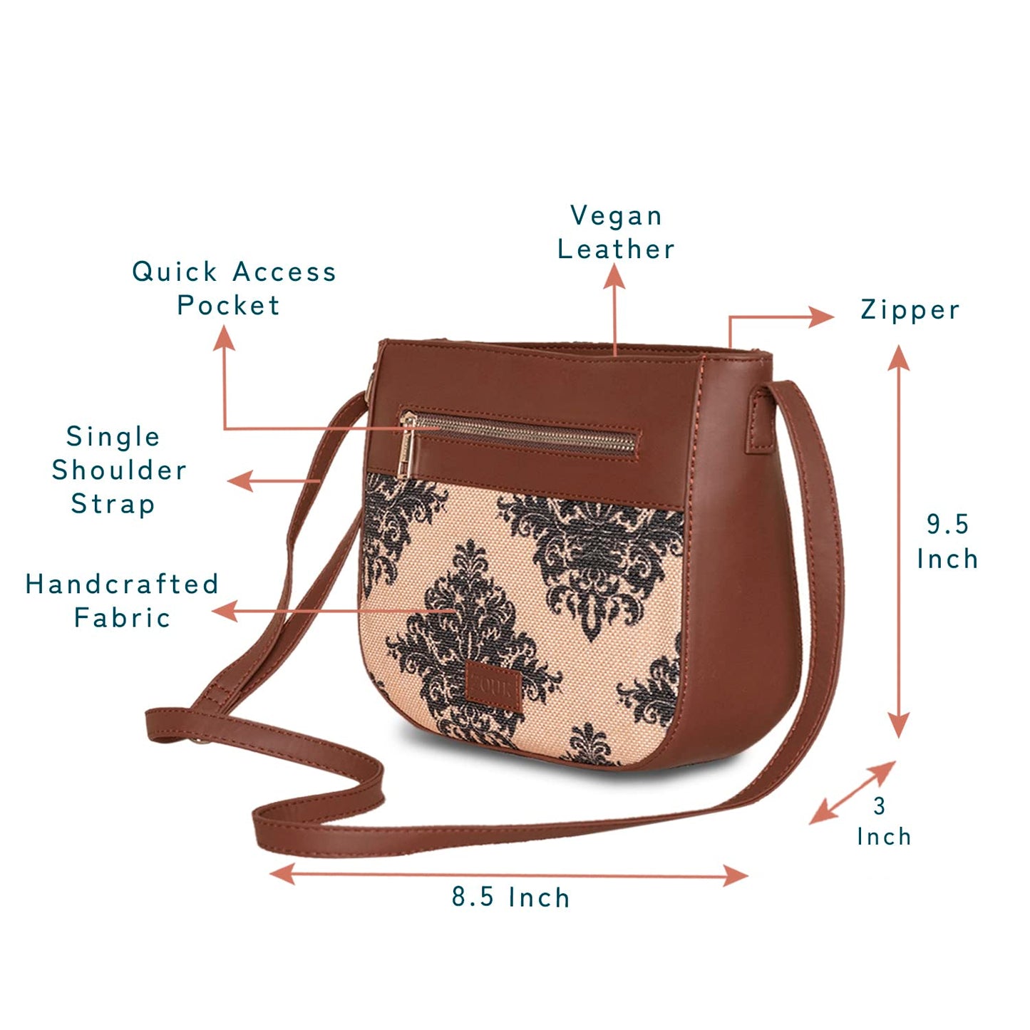 ZOUK Women's Handcrafted Cream Mughal Motif Printed U Shaped Sling Bag