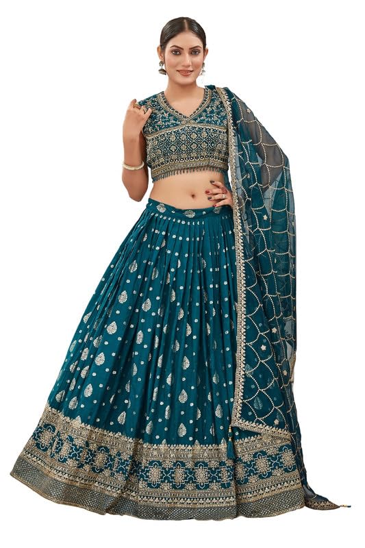 Samprag Jaquard Lehenga Choli Set for Womens | Sleevless | V Neck |Ideal for Wedding & Party Occassions | Blue | M
