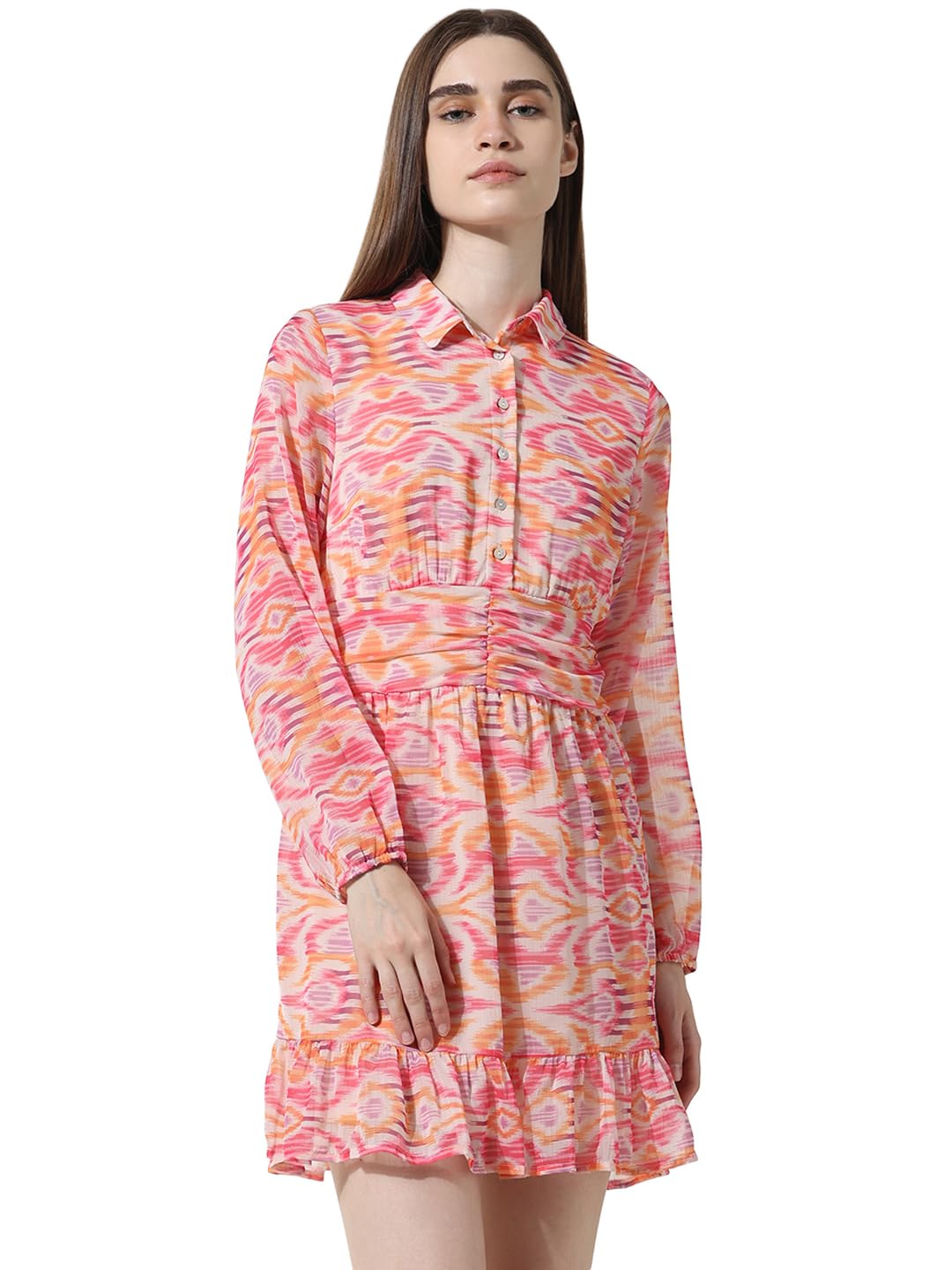 ONLY Women Printed Polyester Above Knee Pink Shirt Dress