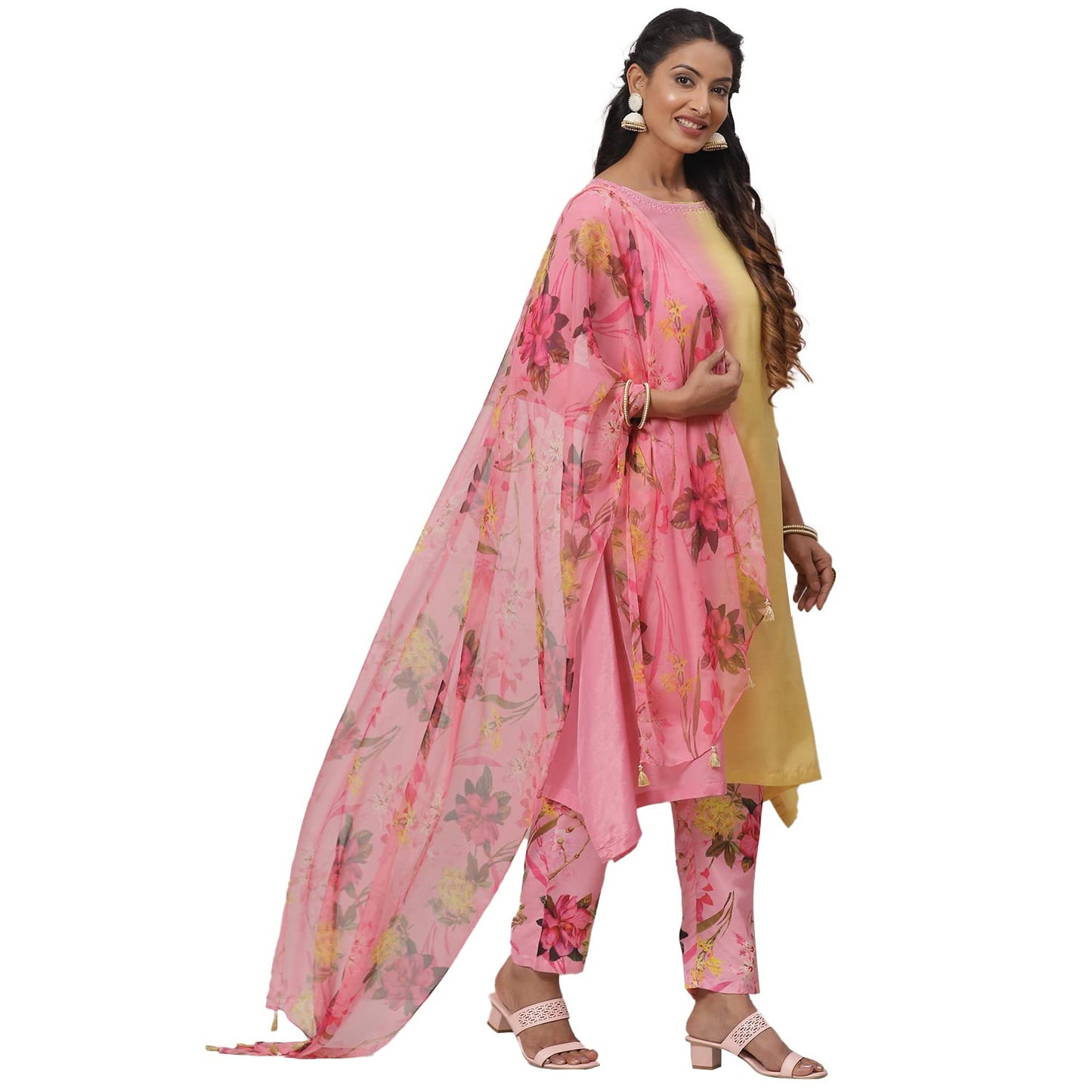 BIBA WOMEN PRINTED NARROW SALWAR KURTA DUPATTA(SKDCANDY KU7888_YELLOW-PINK_40)
