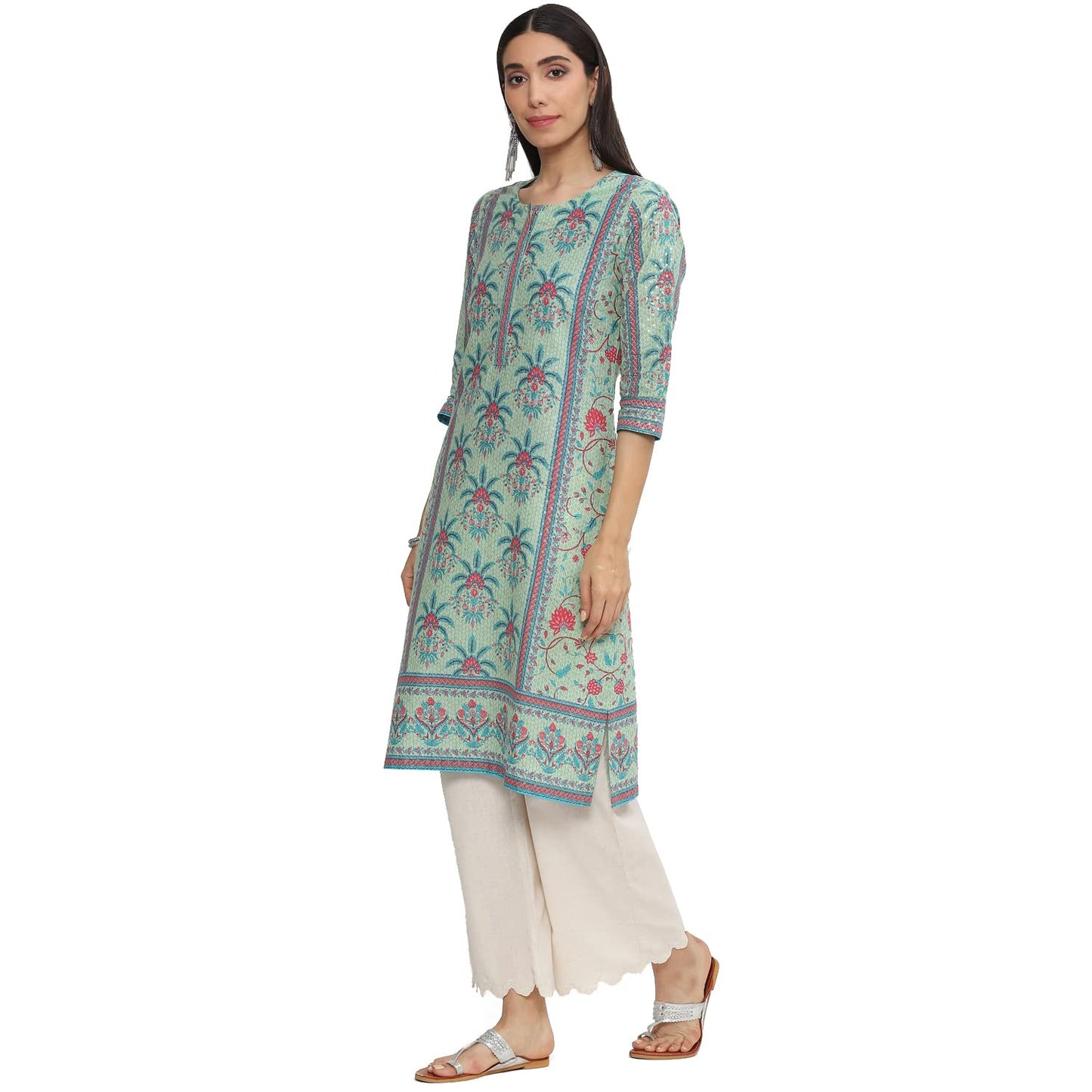 BIBA Women's Cotton Regular Tunic Shirt (ASRTD19570SS23GRN_Green