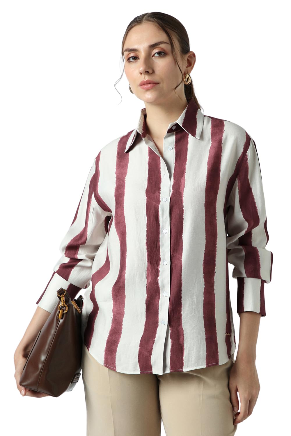 Women Maroon Stripe Long Sleeves Casual Shirt