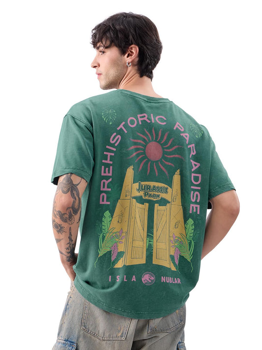 The Souled Store Official Jurassic Park: Prehistoric Paradise Vintage Wash Men and Boys Short Sleeves Round Neck Green Graphic Printed Cotton Oversized T-Shirts
