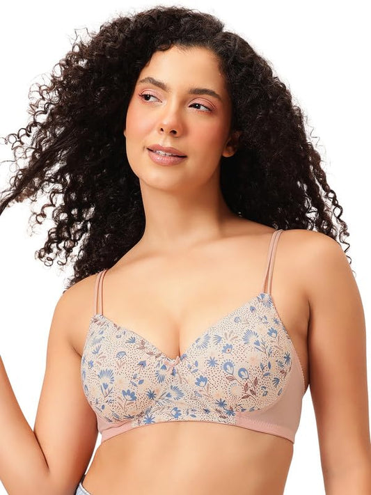 Clovia Women's Printed Padded Non-Wired T-Shirt Bra with Adjustable Dual Straps (BR1737D24_Peach_34D)