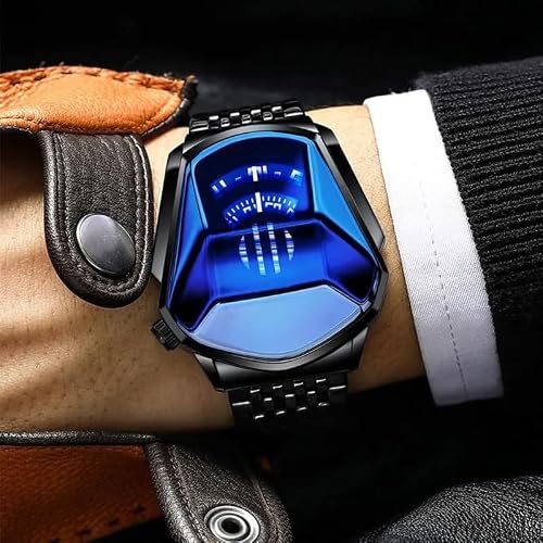 BACHATBAAZZAR—Not a product of our company,Luxury Black Watch for Man, Unique Creative Analog Watch, Stainless Steel Black Tone Strap Quartz Watch with Blue Big Dial, Waterproof Business Men's Fashion Wrist Watch