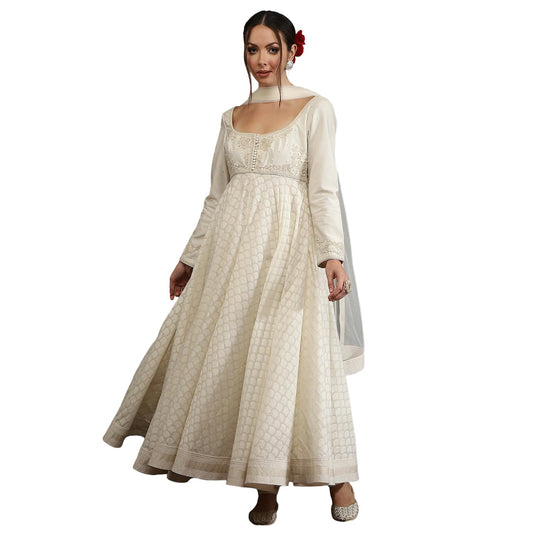 BIBA Women's Silk Chanderi Kurta Sets (CKD10745AW24CRM_Neutral