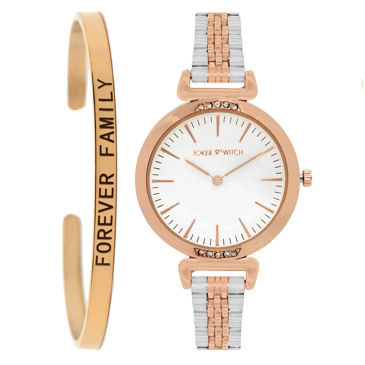 Joker & Witch Stainless Steel Elixir Rosegold Analog Watch Bracelet Set For Women, White Dial, Silver Band