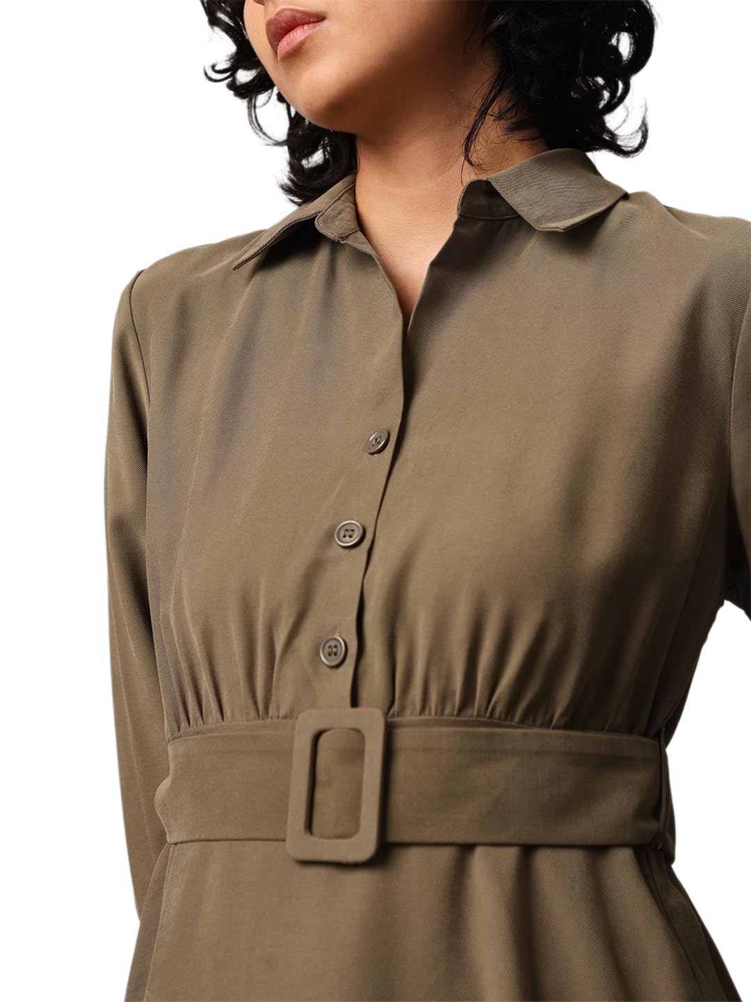 ONLY Women Solid Regular Fit Casual Olive Shirt Dress