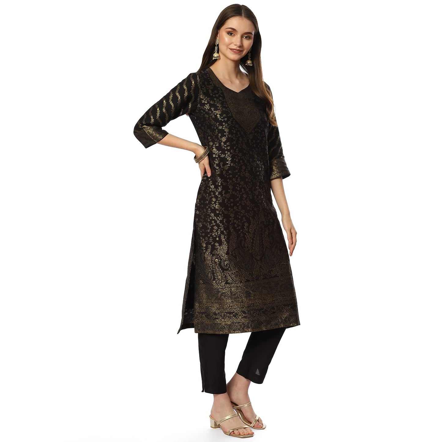 BIBA WOMEN YARNDYED NARROW SALWAR KURTA DUPATTA(SKDASSORTED8387_BLACK_38)