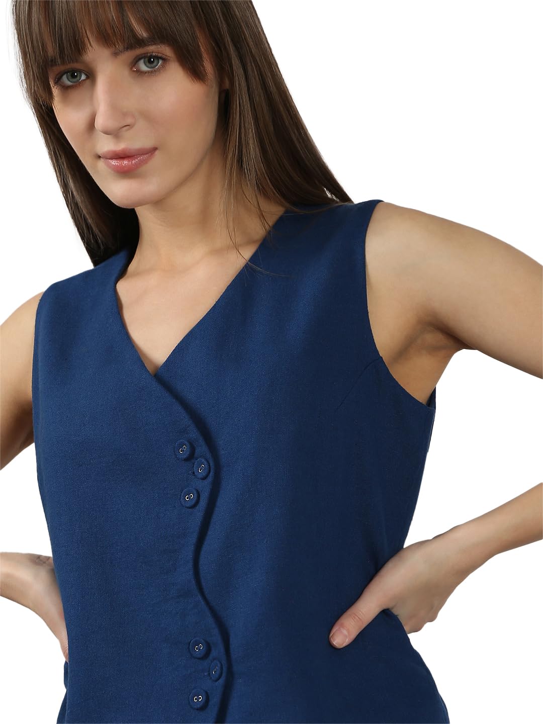 VERO MODA Women's Linen Regular Fit Blue Top