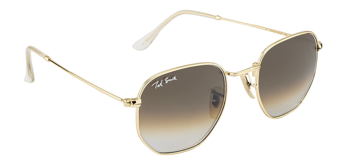 Ted Smith Men's Women's Glass UV Protection Brown Graded Lens Gold Hexagonal Sunglasses