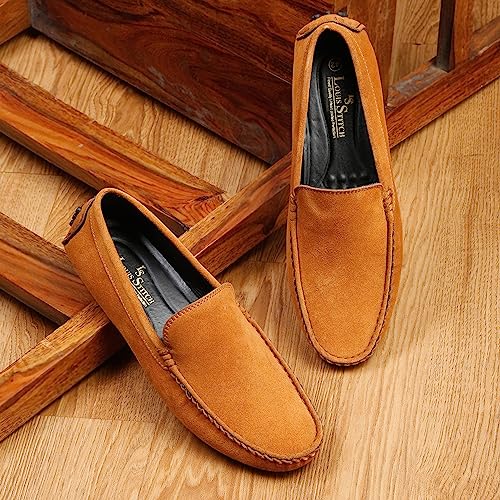 LOUIS STITCH Men's Loafers Casual Shoes | Italian Suede Leather Moccasins | Slip-On for Business, Formal, Parties, Everyday Wear | Solid Tiger Tan | UK Size 7 (LSITSUPTB-)