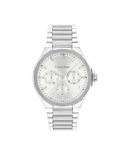 Calvin Klein Vibrancy Qtz Multifunction White Round Dial Women's Watch|Stainless Steel Material|Silver Color Band - 25100054