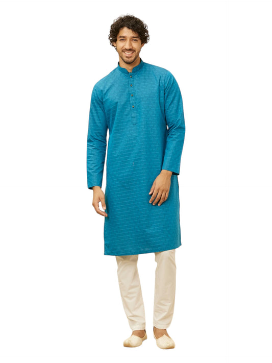 Manyavar Men's Blue Blended Cotton Self Design Kurta Pyjama Set