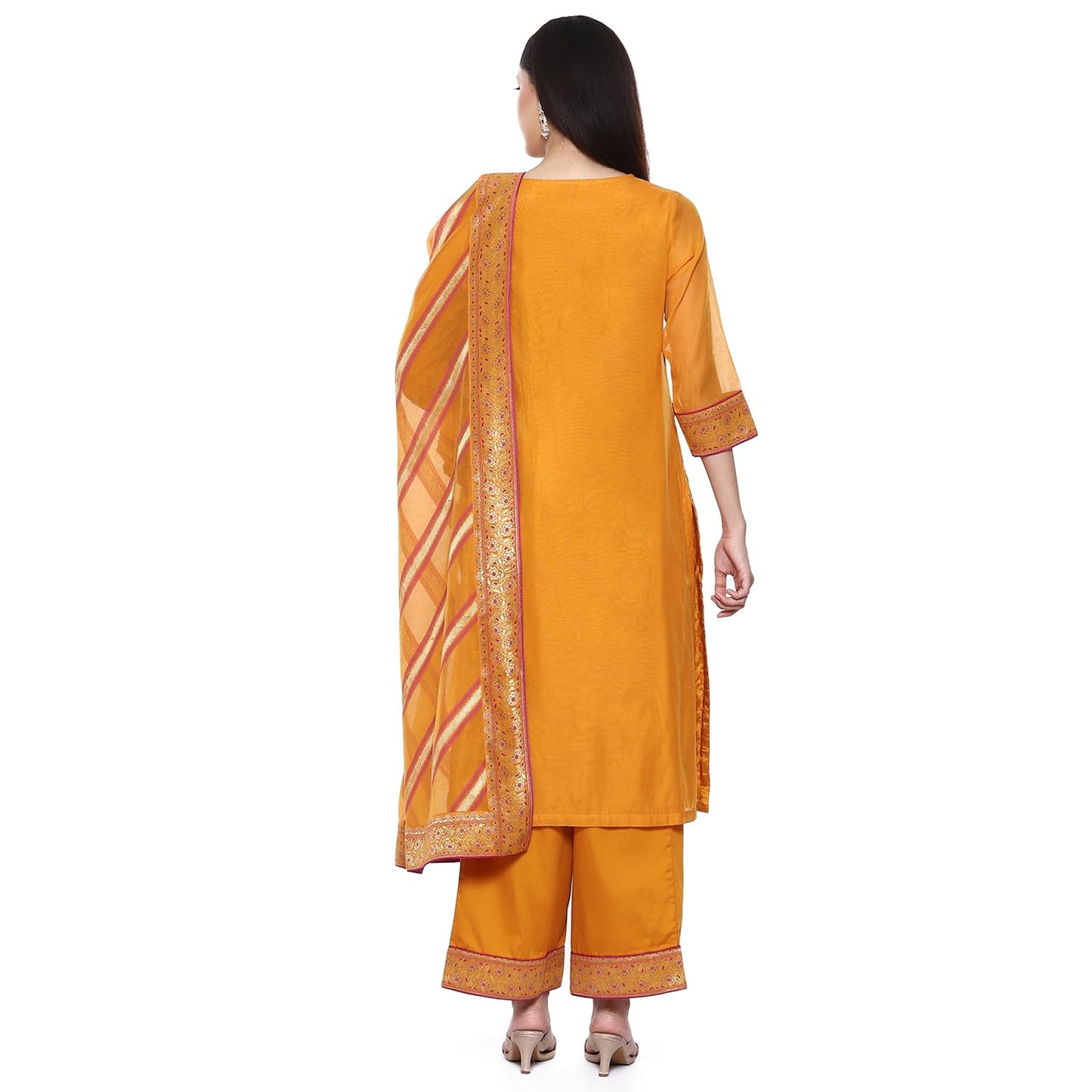 BIBA Women's Polyester Blend Kurta Palazzo Suit Set Yellow M