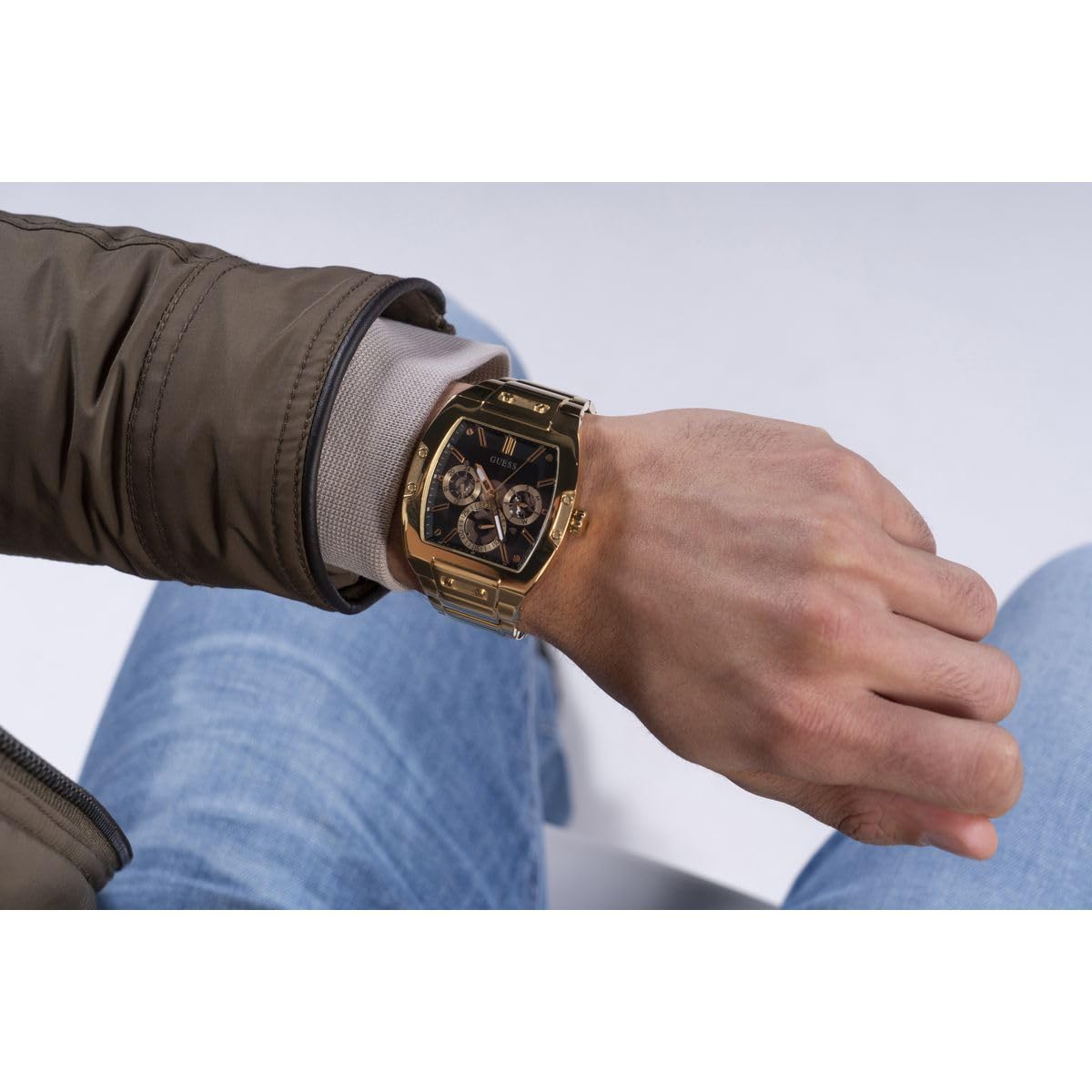 GUESS Stainless Steel Phoenix Collection Analog Black Dial Men Watch-Gw0456G1, Gold Band