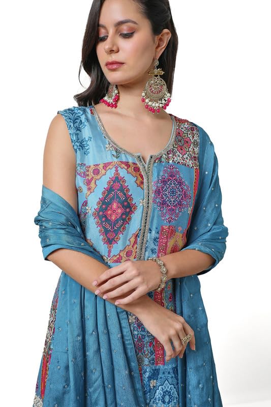 Soch Womens Powder Blue Ethnic Motifs Print Chinon Suit Set