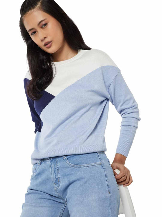 Max Women Colourblocked Sweater (Blue_S)