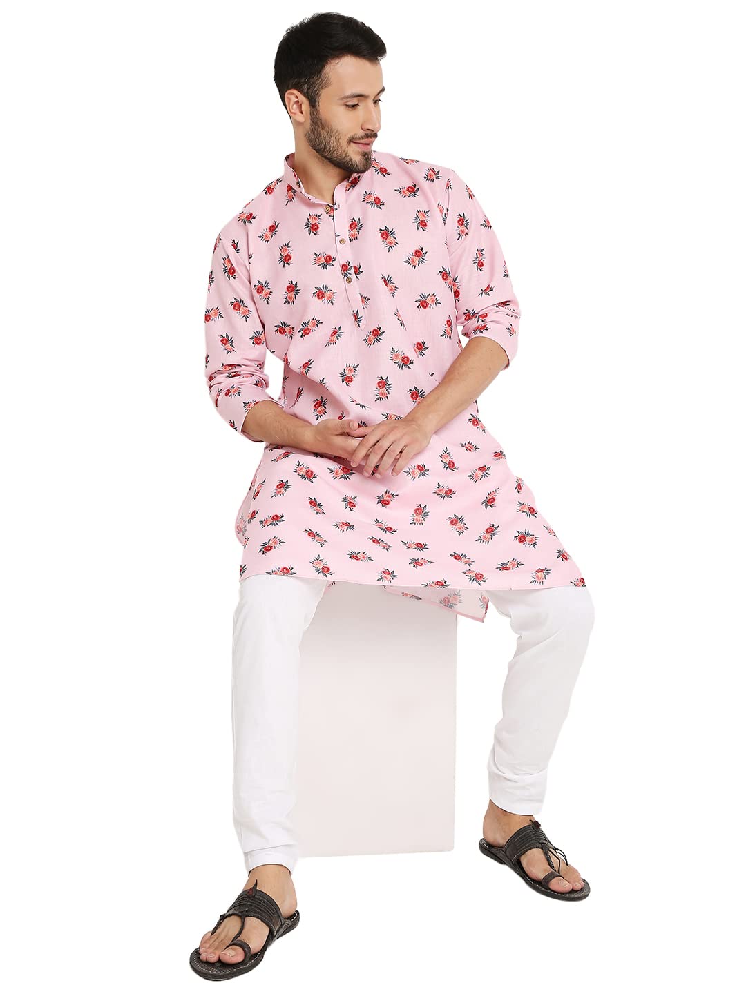 LUCKWIN Linen Regular Fit, Mandarin Collar, Floral Print Kurta Pajama Set in Pink for Men [LWKP162-42-2023]