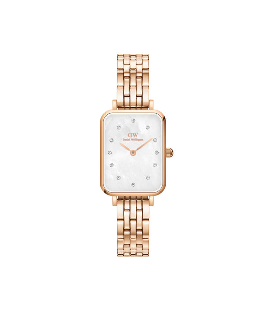 Daniel Wellington Stainless Steel Quadro Lumine 20X26 5-Link White Dial Women Analogue Watch, Rose Gold Band