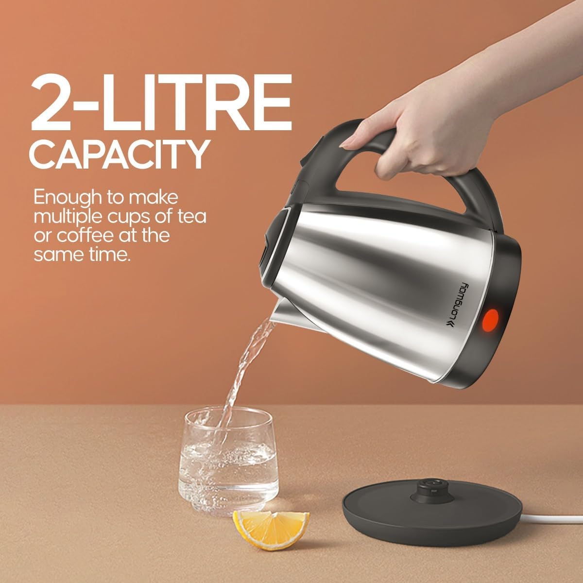 Longway Kestro 2 Liter Electric Kettle with Stainless Steel Body for Water Boiling, Tea/Coffee, Noodles And Soups (Black & Silver, 1500 Watt)