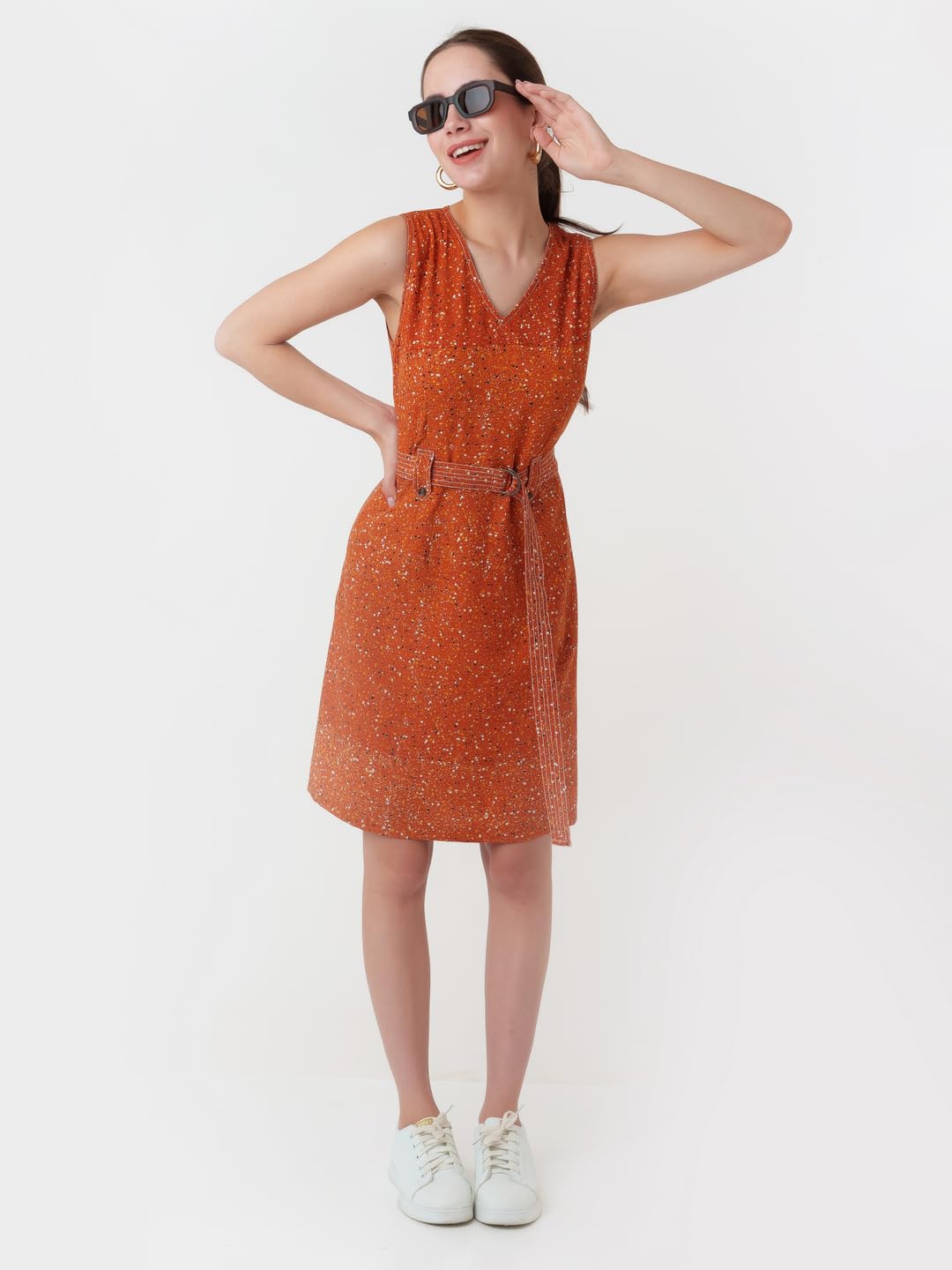 Zink London Women's Brown Printed Regular Short Dress