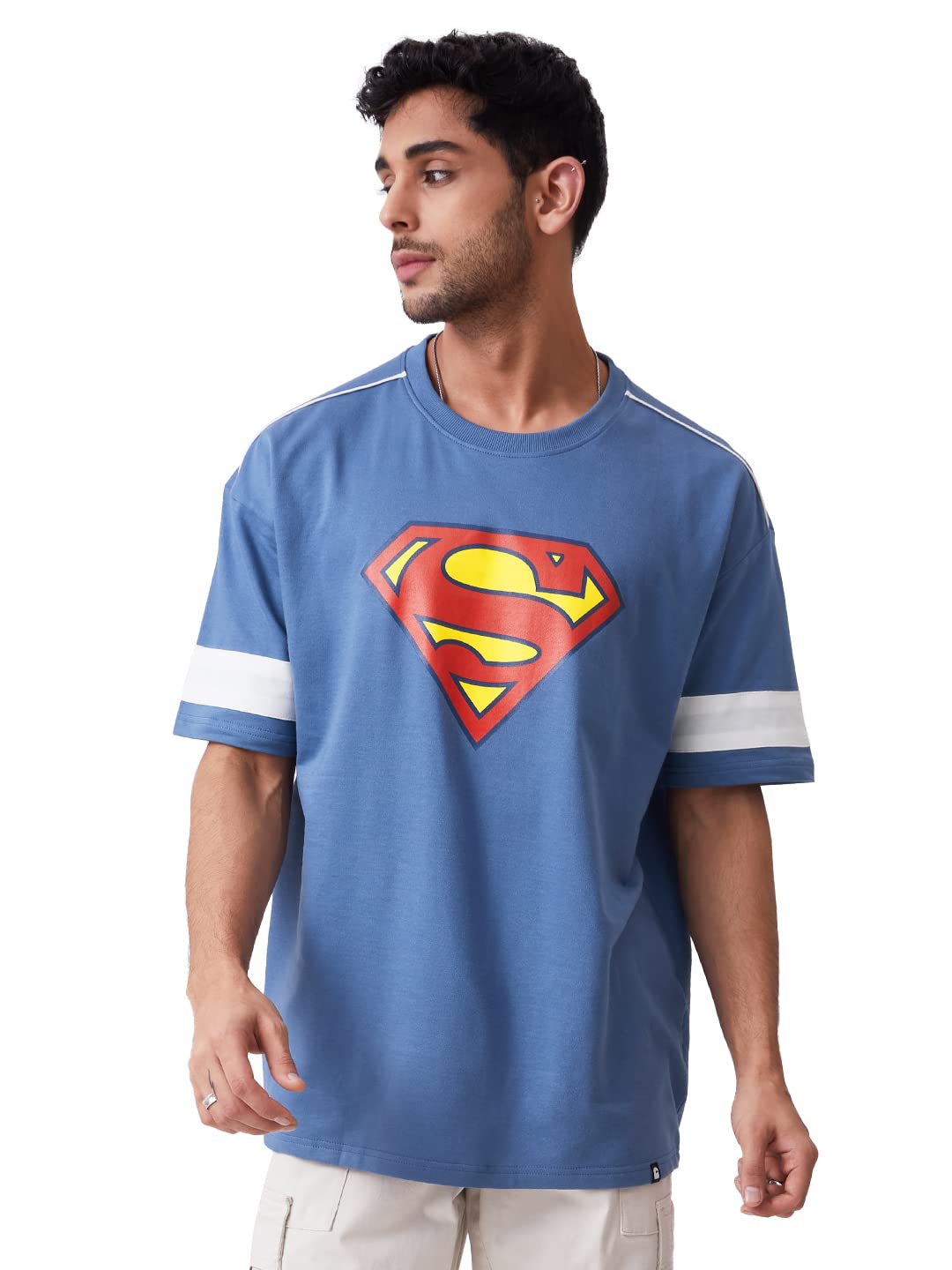 The Souled Store|Official Superman: Classic Mens and Boys T-Shirts|Half Sleeve|Loose fit Graphic Printed| 80% Cotton 20% Polyester Blue Color Men Oversized T-Shirts