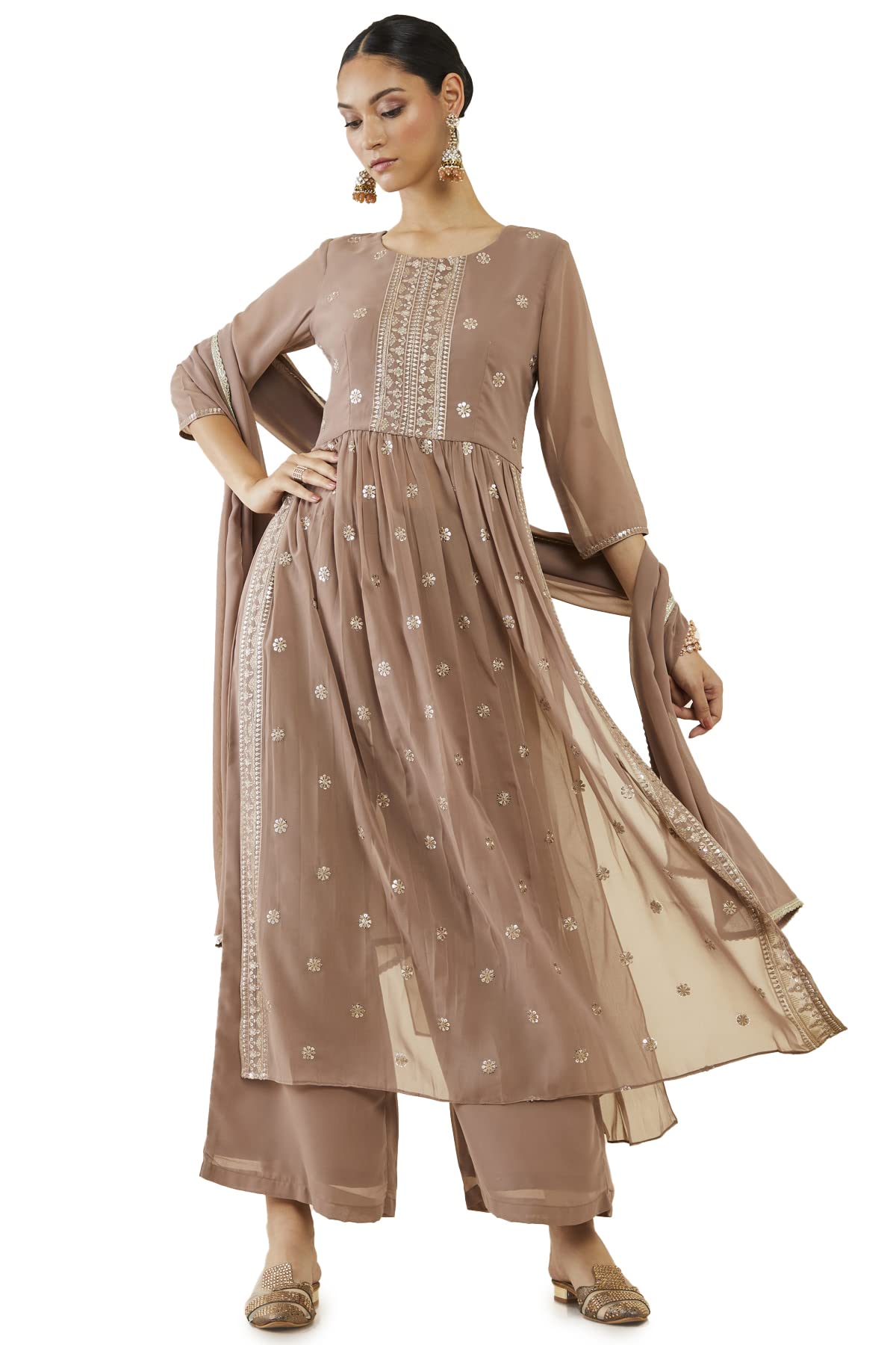 Soch Women Pink Georgette Embroidered Suit Set(Pink_L)