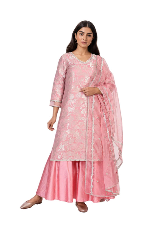 W for Woman Pink Self Design Jacquard Zari Work Straight Kurta with Sharara and Dupatta Set (WS13228-314309-2XL)