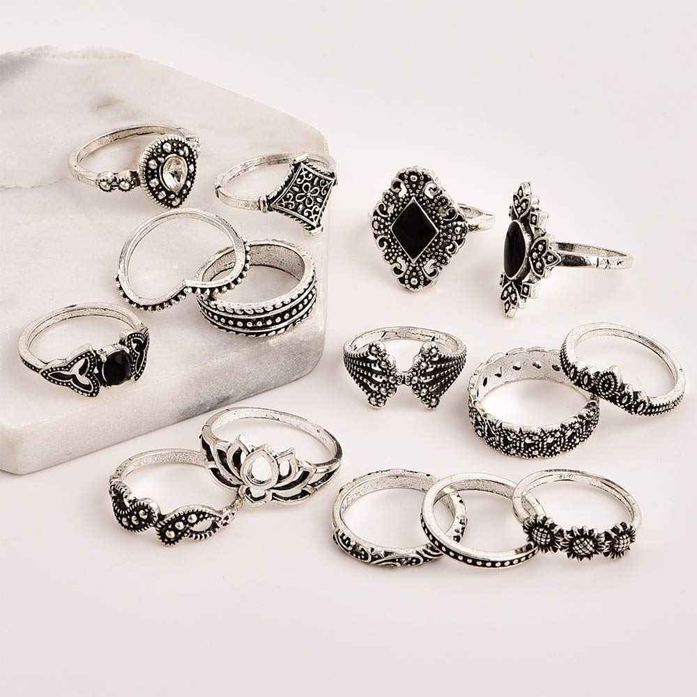 YouBella Oxidised Combo of 15 Boho Silver Plated Rings for Girls and Women (YBRG_20111A) (Silver)