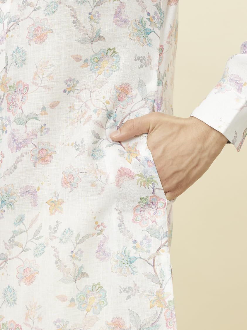 Manyavar Men's Delicate White Bel Buti Printed Kurta (L)